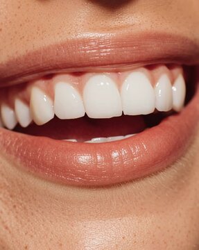 Extreme close up of woman smiling showing perfect white teeth and natural lip gloss