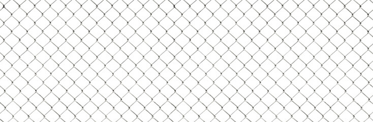 Steel chain link wire mesh fence isolated on panoramic transparent background, png file