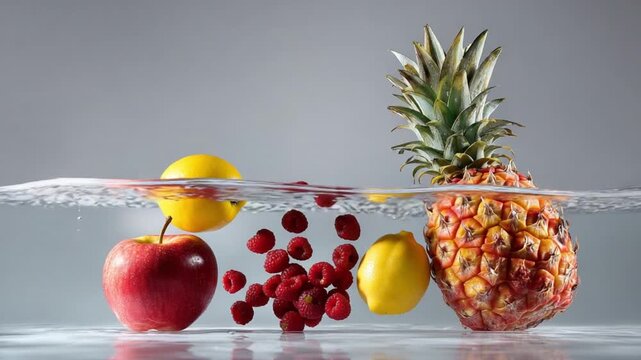 Fresh Fruits Splashing in Water: Apple, Pineapple, Lemon, Raspberries