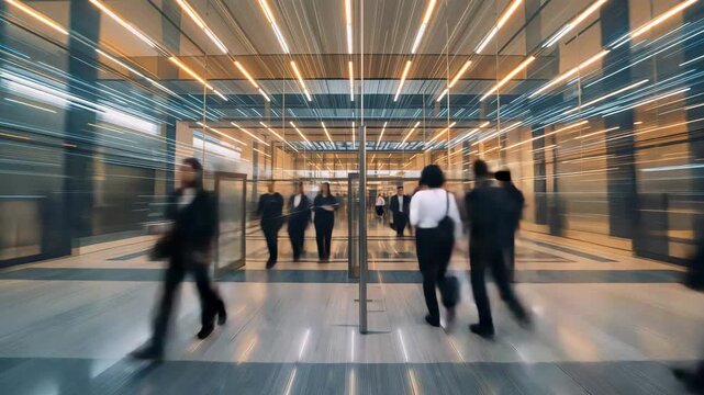 Motion blurred people walking through glass entrance of office lobby with ceiling lights