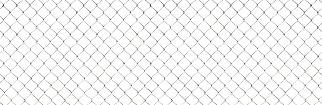 Steel chain link wire mesh fence isolated on panoramic transparent background, png file