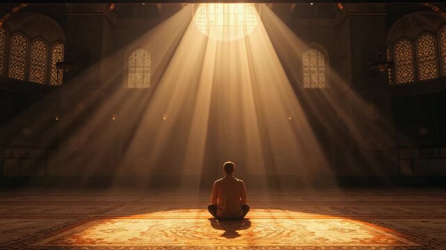 Person sitting in meditation under dramatic beams of light inside large hall