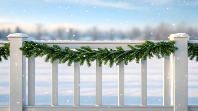 Fresh green garland decorating white outdoor railing with soft snow falling over serene winter landscape background