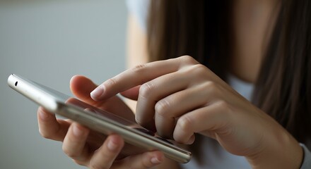 女性の手、スマートフォン操作、指先、クローズアップ