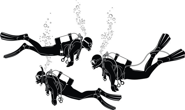 Scuba divers underwater group swimming with oxygen tanks and bubbles marine exploration adventure ocean diving vector illustration