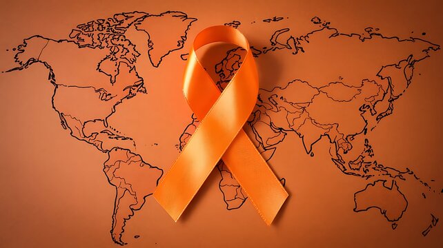 Orange awareness ribbon symbol placed over world map background representing global health initiatives kidney cancer multiple sclerosis and leukemia research support outreach program