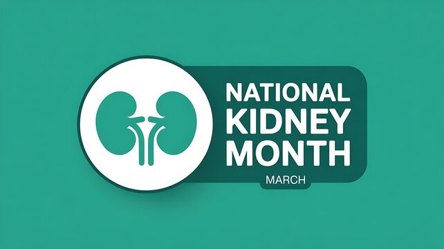 National Kidney Month March graphic with kidney icon and bold text promoting awareness for kidney health and disease prevention month