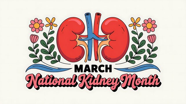 Retro style national kidney month banner for march health awareness featuring red anatomical kidneys with floral accents and vintage typography on ivory background for healthcare