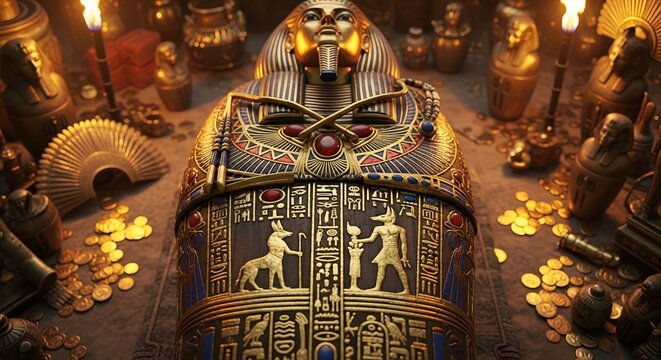 Ancient egyptian sarcophagus adorned with intricate hieroglyphics and golden artifacts.
