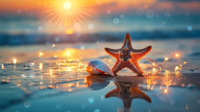 Starfish, seashell, and fairy lights on a beach at sunset with water reflections