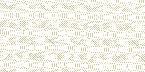 Art deco arc seamless wave pattern with gold circle arch stripe line, fish scale, repeat lattice background, vector illustration.