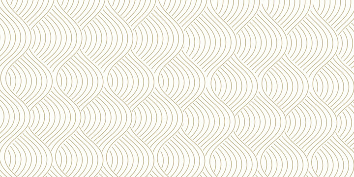 Art deco arc seamless wave pattern with gold circle arch stripe line, fish scale, repeat lattice background, vector illustration.