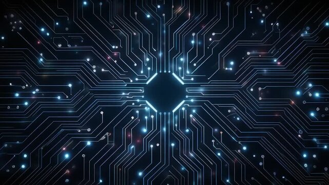 Futuristic high tech motherboard grid tiny lights blinking intersections smooth electronic motion seamless surreal ambience cascading softly abstract unique style ultra realistic cinematic loop