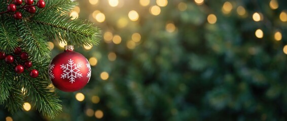 Obraz premium Festive christmas ornament on evergreen tree holiday decor close-up warm glow seasonal celebration atmosphere
