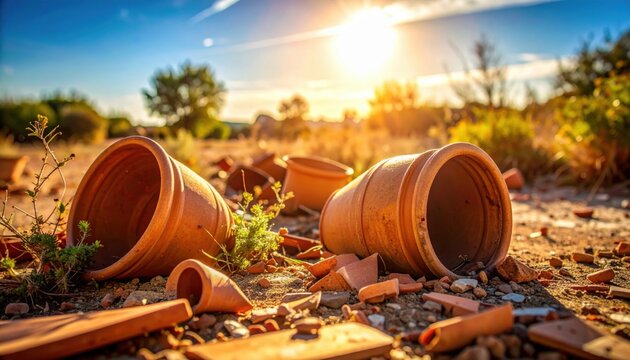 Photorealistic DSLR style capture of shattered terracotta pots strewn amidst wilting vegetation on a sun-baked lot, reflecting the FlyPro_Firefly theme of decay and resilience.