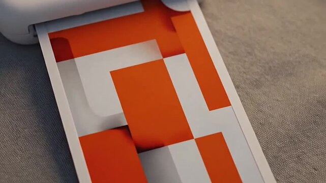 A compact portable printer is actively producing a vibrant photo with geometric