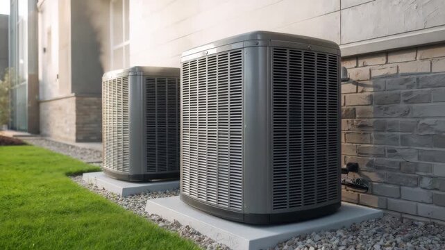 Outdoor air conditioning units installed beside residential building wall