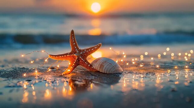 Starfish and shell with glowing fairy lights on beach, water reflects golden sunset