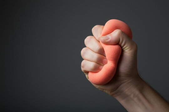hand tightly squeezing soft pink porous sponge on grey background representing stress relief anger management concept or household cleaning chore