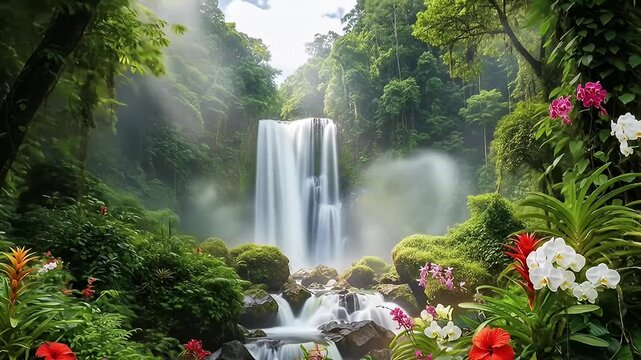 A misty waterfall flows into a stream, surrounded by lush tropical vegetation and flowers