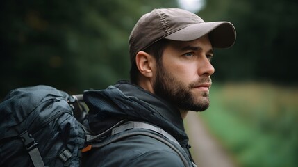 Obraz premium A man with a backpack and cap looks thoughtfully into the distance on a forest path