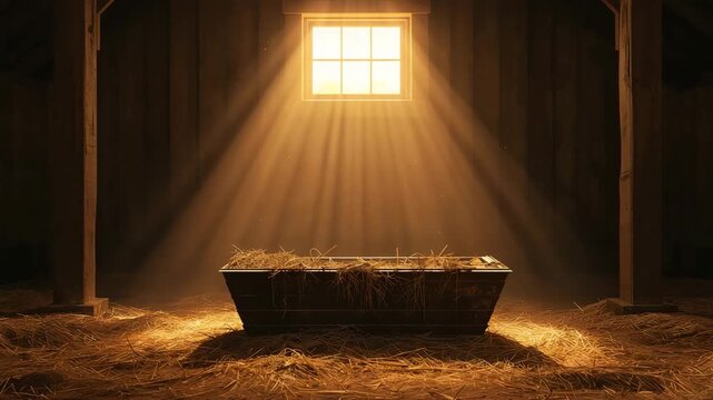 Wooden manger illuminated by sunlight streaming through small barn window