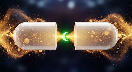 A futuristic capsule splitting open to release powerful energy particles and a glowing symbol.