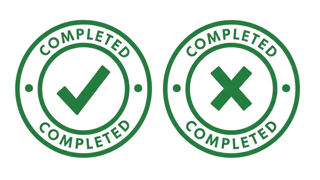 Green circular stamps with check and cross marks labeled completed