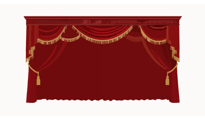 Luxury Red Velvet Curtains with Ornate Cornice and Decorative Lambrequin Vector Illustration © Hanif