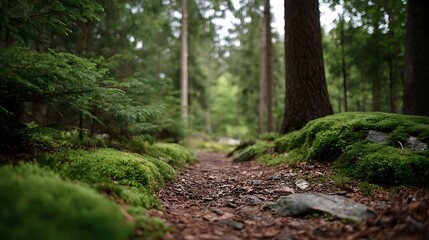 Fototapeta premium A serene forest path with lush moss and green trees inviting a leisurely walk through nature