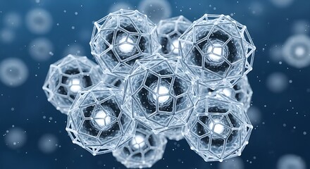 A detailed microscopic view of complex cellular structures with glowing cores against a blue background