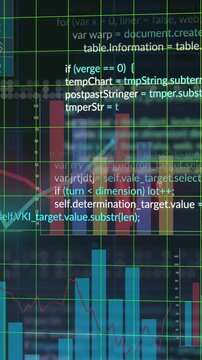 Vertical video: Green grid moving and tilting on load, revealing tables, charts and code for trends