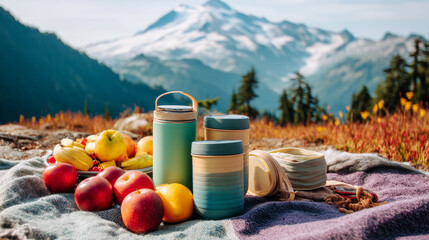 Fototapeta premium Picnic on green meadow, bottle of water without label displayed on green lawn next to orange decorated with some picnic supplies placed on picnic mat at the back.