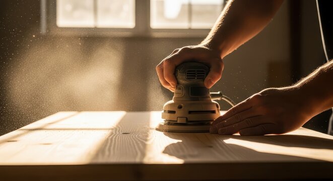 Craftsman sanding a wooden surface with an electric sander for smooth finish