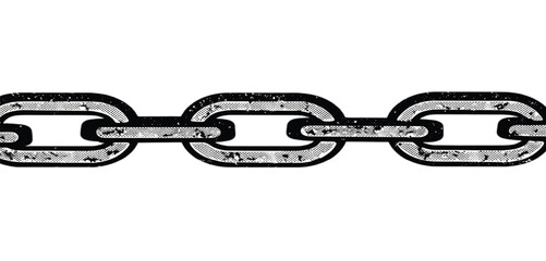 Shiny 3D chrome metal chain links form a strong steel connection isolated on white to represent security and power through a continuous row of attached silver iron objects
