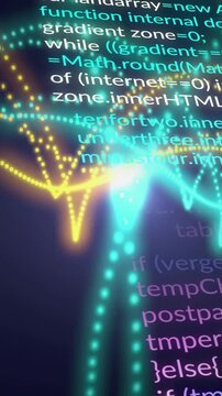 Vertical video: Teal flare pulsing, gold strands forming arches as code scrolling showing data flow