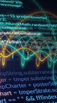 Vertical video: Teal code line pulsing, sending neon waves sweeping and layering, visualizing data