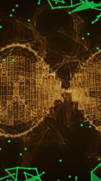 Vertical video: Black frame fading gold ring rising turning while green dots making net for effect