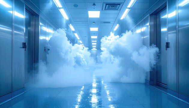 A detailed photographic capture of the FlyPro Firefly Decontamination spray system actively misting a contained area, creating an ethereal, dense cloud.