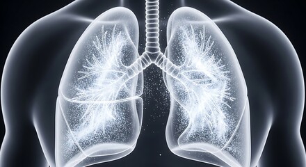 A futuristic x-ray view of human lungs showing intricate internal structures and glowing particles.