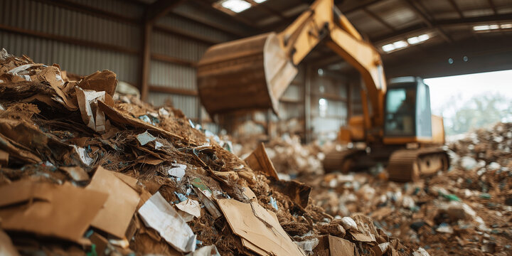 Recycling plant operation with excavator sorting mixed waste materials, environmental management and industry