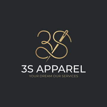 Modern gold needle and thread monogram logo for 3s apparel with professional white typography on a dark background