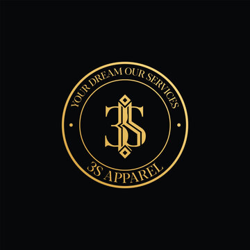 Elegant gold circular seal logo for 3s apparel with a luxury monogram emblem on a black background for premium branding