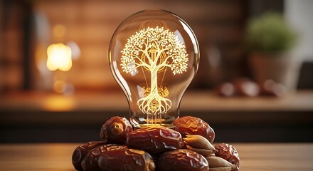 A glowing light bulb containing a vibrant tree illustration rests on a pile of dates, symbolizing natural energy and sustainable ideas.