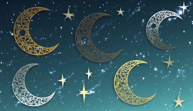 HD Ramadan background with crescent moon pattern and dominant dark blue color