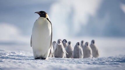 Emperor penguin with chicks on snowy terrain