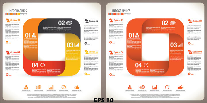 Corporate Business Infographic Template Set. Vector Illustration of Two 4-Step Process Layouts with Square Frames, Professional Icons, and Modern Orange and Grey Color Schemes