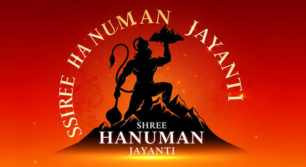 A majestic silhouette of hanuman standing on a hill with a mace in hand against a vibrant red background.
