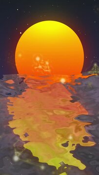 Vertical video: Glowing orb brightening, reflection stretching and hex pulsing showing cosmic dawn