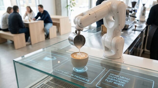 A robot is pouring coffee into a cup on a table